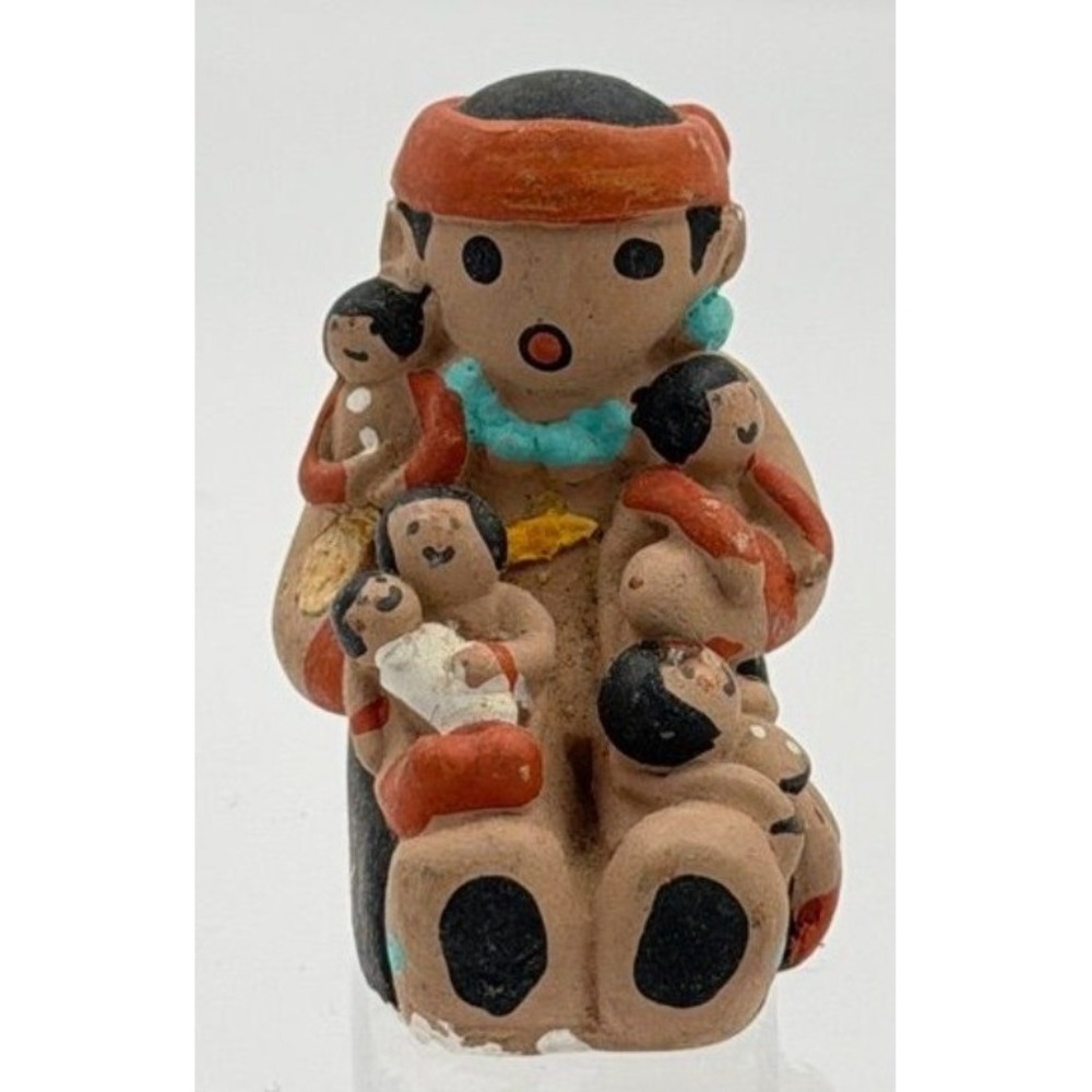 Vintage Southwestern Miniature Mother Children Clay Figure Signed 1.25"